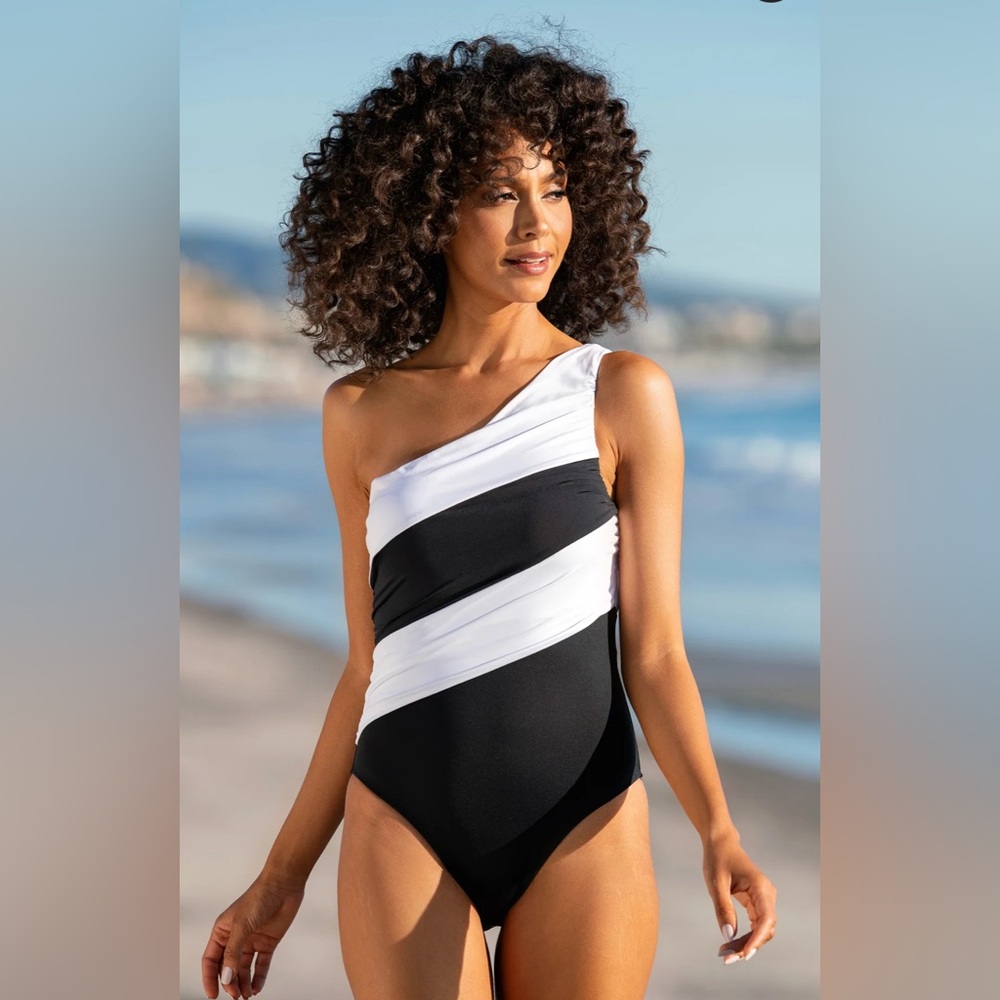 LaBlanca One Shoulder Shirred Black and White Swimsuit - Size 14